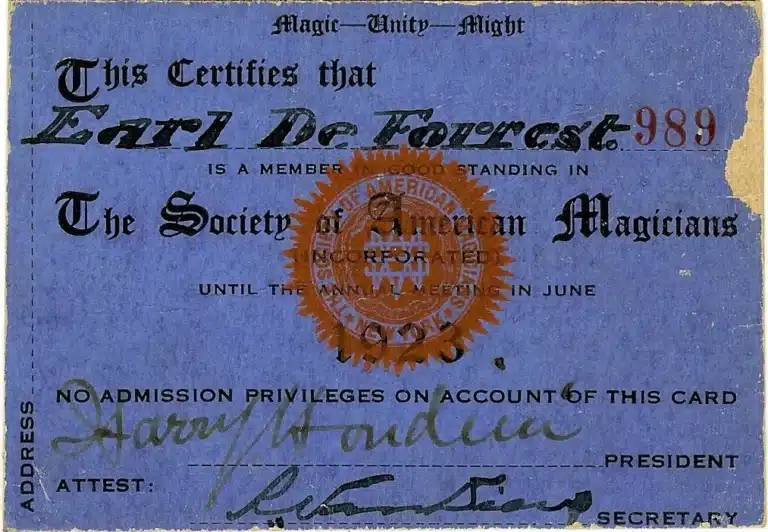 Houdini Signed Society of American Magicians Membership Card