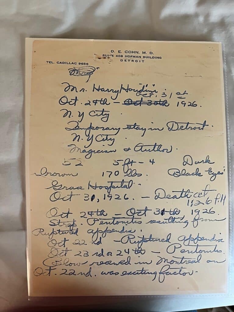 Handwritten medical notes on letterhead from D.E. Cohn, M.D., detailing a patient's medical history and treatment dates in 1926, including surgeries and hospitalizations in Detroit and Montreal.