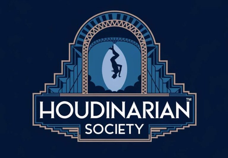 Art deco style "Houdinarian Society" logo with a silhouette of a person hanging upside down at the center, surrounded by geometric patterns.