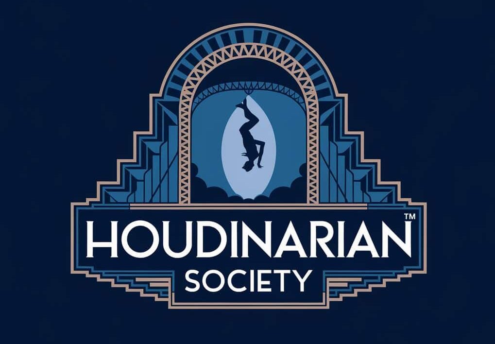 Art deco style "Houdinarian Society" logo with a silhouette of a person hanging upside down at the center, surrounded by geometric patterns.