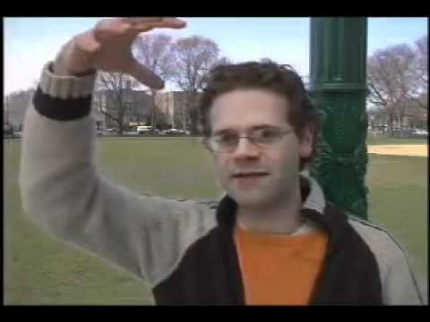 A person with curly hair and glasses gestures with one hand outdoors near a green pole, wearing a gray and black jacket over an orange shirt. The background shows a grassy area and trees.