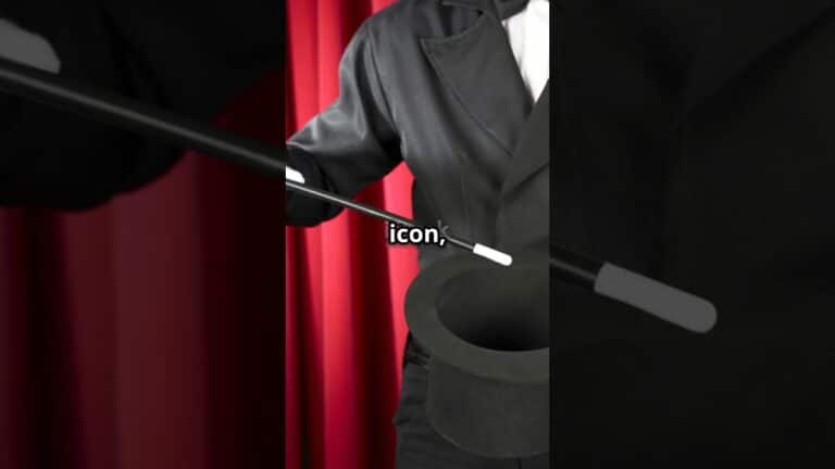 A person in a black suit holding a magic wand above a top hat in front of a red curtain. The word "icon" is overlaid on the image.