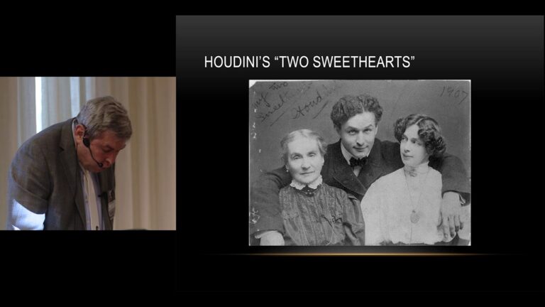 A man presents a slide titled "Houdini's 'Two Sweethearts'," showing a historical photo of Houdini with two women, dated 1907.