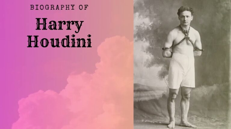 A black-and-white photo shows a man in shorts with hands chained. The text "Biography of Harry Houdini" appears on a pink background.