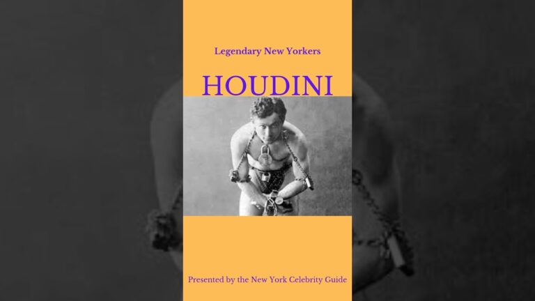 A black-and-white image of Houdini in chains is surrounded by text: "Legendary New Yorkers" and "Presented by the New York Celebrity Guide.