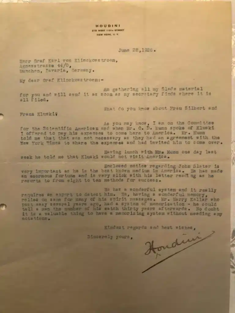 Typed letter dated June 28, 1926, addressed to a recipient in Germany. The letter mentions topics like gatherings, Fran Silbert, Frank and juniors, and discusses John Slater. Signed "Houdini.