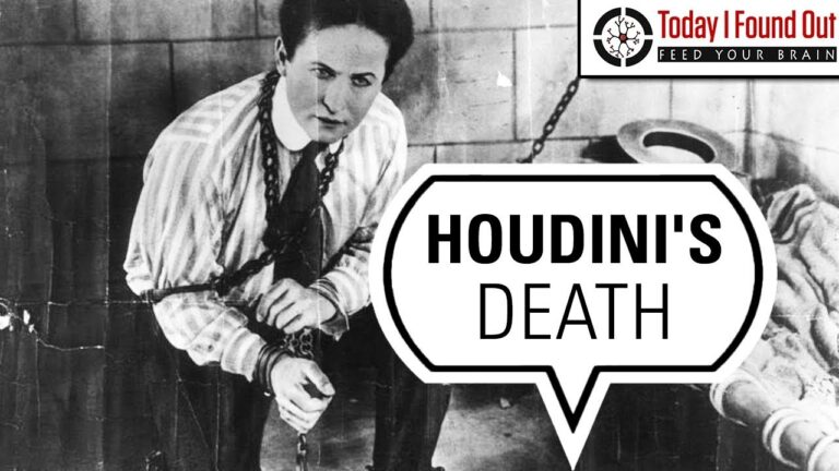 A person in chains kneels in a tiled room with text overlay reading "Houdini's Death.