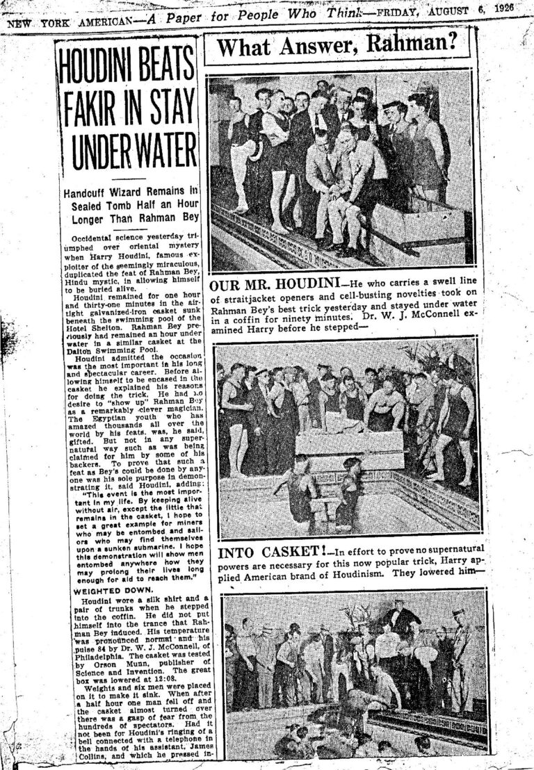 Newspaper page titled "Houdini Beats Fakir in Stay Under Water," with two images showing Houdini and a group of people observing an escape act.