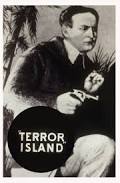 Black and white poster of a man holding a gun, with the text "Terror Island" in bold letters.