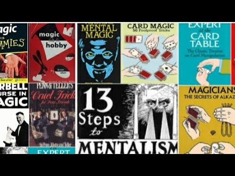 A collage of book covers on magic and mentalism, featuring titles like "Mental Magic," "Card Magic," "13 Steps to Mentalism," and images of cards and magicians.