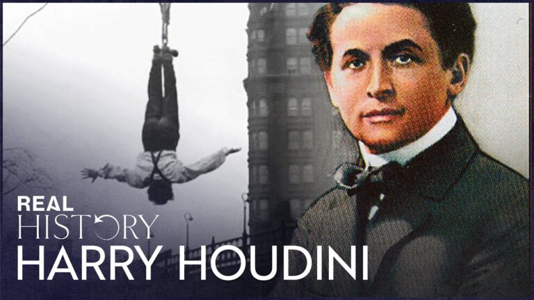 Split image of Harry Houdini; on the left, he's performing an upside-down escape stunt. On the right is a portrait of him. Text reads, "Real History Harry Houdini.