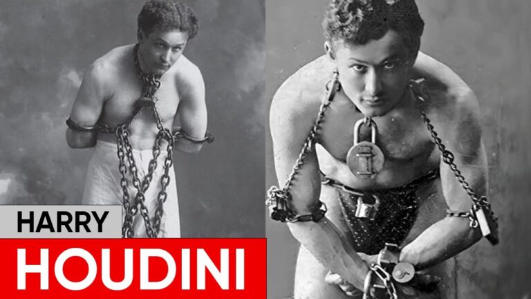 Two black and white photos of a man bound in chains and locks. The left image shows him standing, while the right shows him crouched. Red text with the name "Harry Houdini" is partly visible.