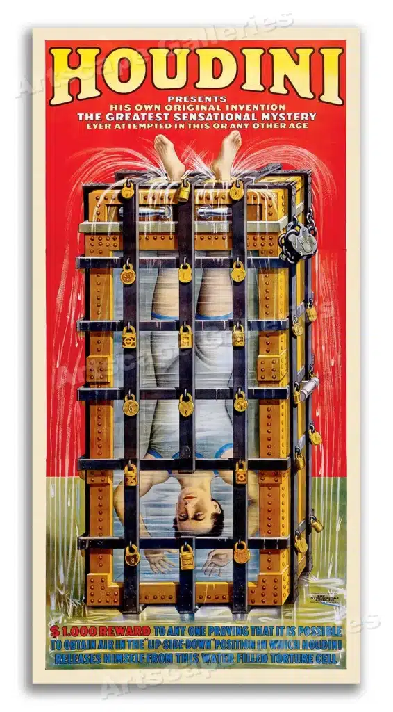 Vintage poster of Houdini in an upside-down water-filled escape cell, promoting a sensational mystery act with a $1000 reward challenge.