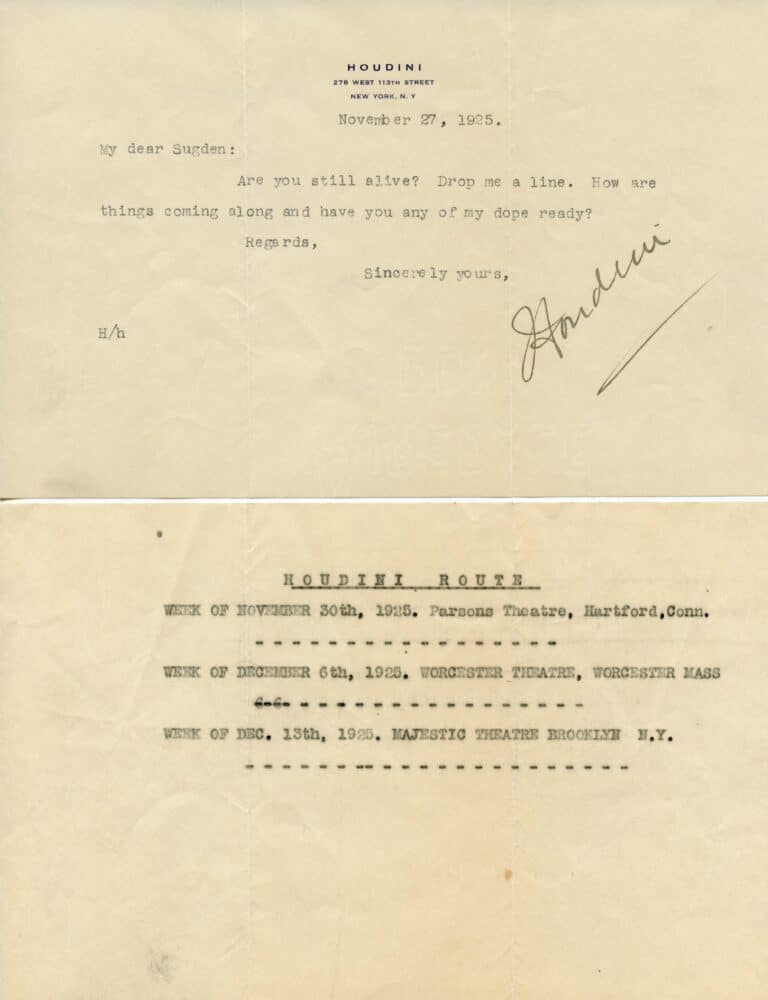 A typed letter with Houdini letterhead, dated November 27, 1925, signed "Houdini," inquiring about "Sugden" and mentioning performances in Hartford, Worcester, and Brooklyn.