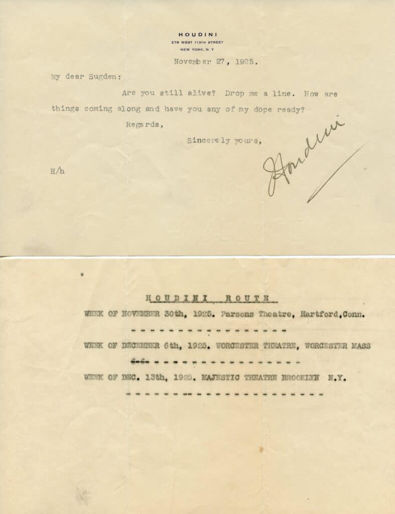 A typed letter with Houdini letterhead, dated November 27, 1925, signed "Houdini," inquiring about "Sugden" and mentioning performances in Hartford, Worcester, and Brooklyn.