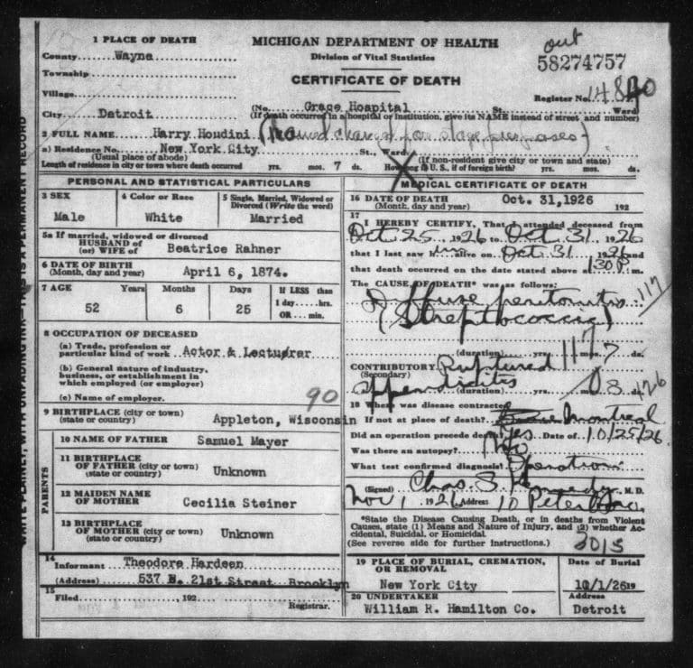 Michigan death certificate for Harry Houdini dated Oct 31, 1926, showing details such as birth date, cause of death, and parental information, including notes and signatures.