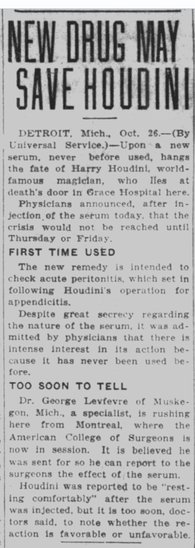 Los Angeles Examiner 10-27-1926 Houdini serum