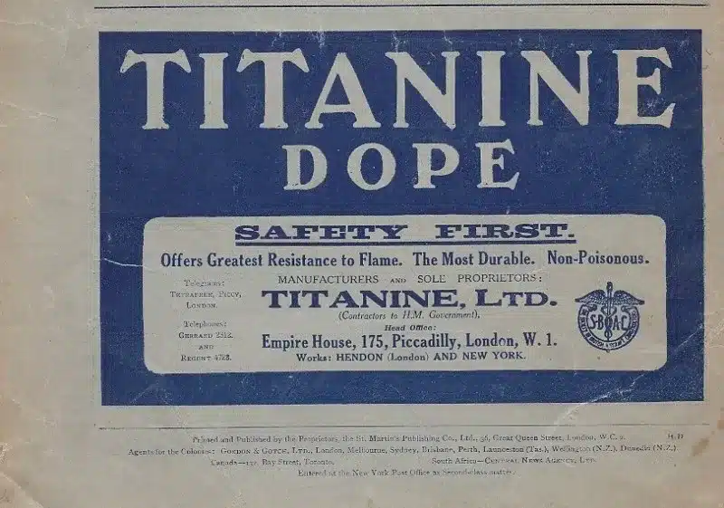 Vintage advertisement for Titanine Dope, highlighting its flame resistance and non-poisonous qualities, produced by Titanine, Ltd., with an address in London.