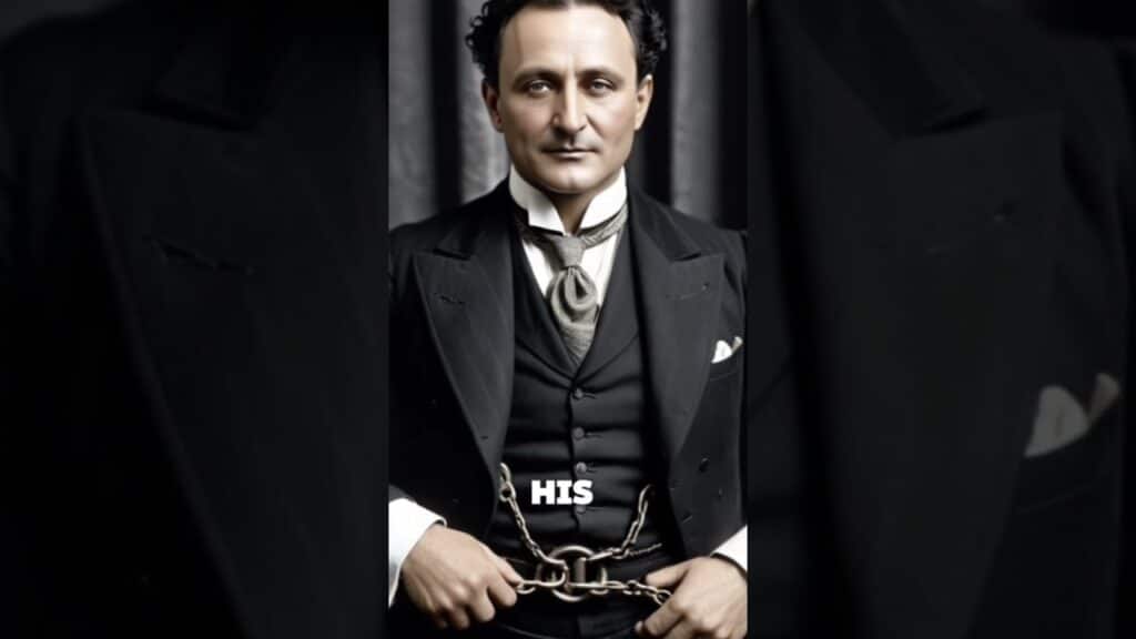 A man in a formal suit and tie is seated with hands cuffed. The word "HIS" is prominently displayed on his torso.