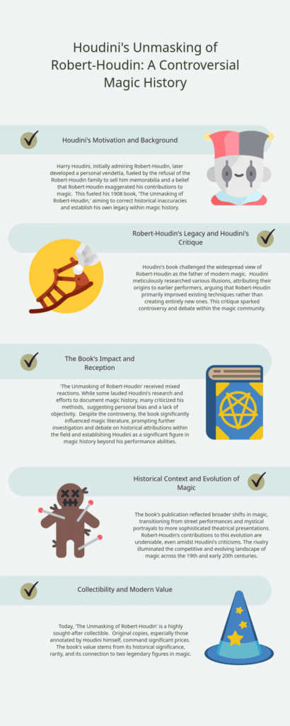 Infographic about Houdini's book, "The Unmasking of Robert-Houdin," detailing its background, impact, historical context, and modern value in magic history.