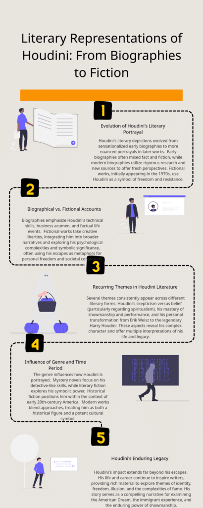 Infographic titled "Literary Representations of Houdini" with sections on evolution, biographical vs. fictional accounts, recurring themes, influence of genre and time, and enduring legacy.