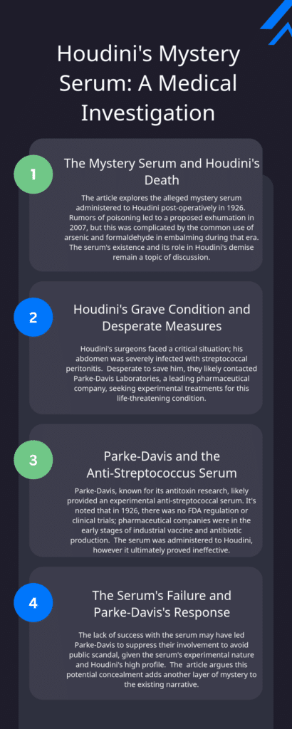 Infographic titled "Houdini's Mystery Serum: A Medical Investigation" with four sections explaining the alleged serum, Houdini's condition, Parke-Davis involvement, and the serum's failure.