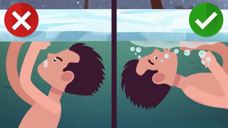 Illustration comparing incorrect (left) and correct (right) technique for floating under ice, with red cross and green check symbols.