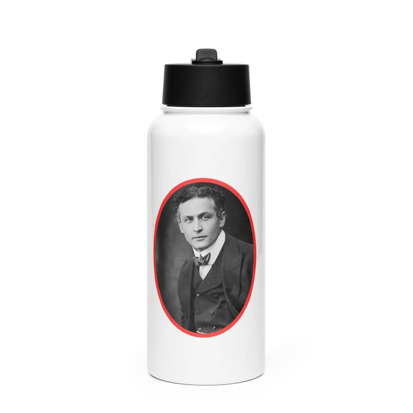 White water bottle with a black cap, featuring a black and white portrait of a man in a suit and tie within a red oval frame.