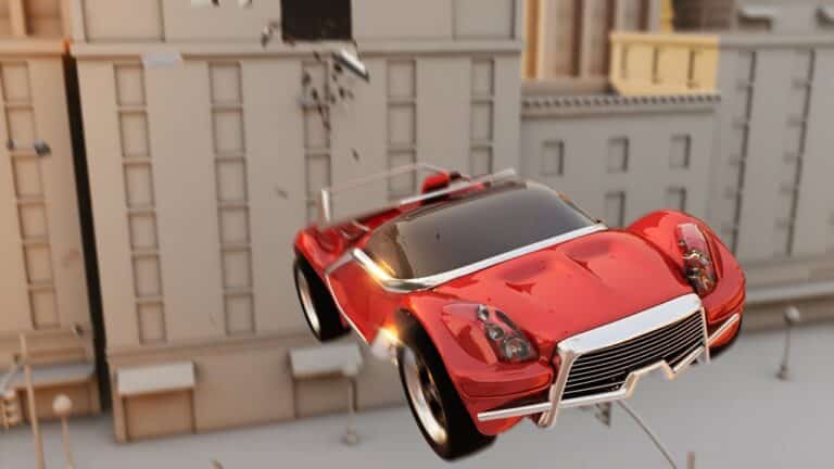 A red sports car is airborne, seemingly jumping or falling, in front of a building with debris flying in the background.