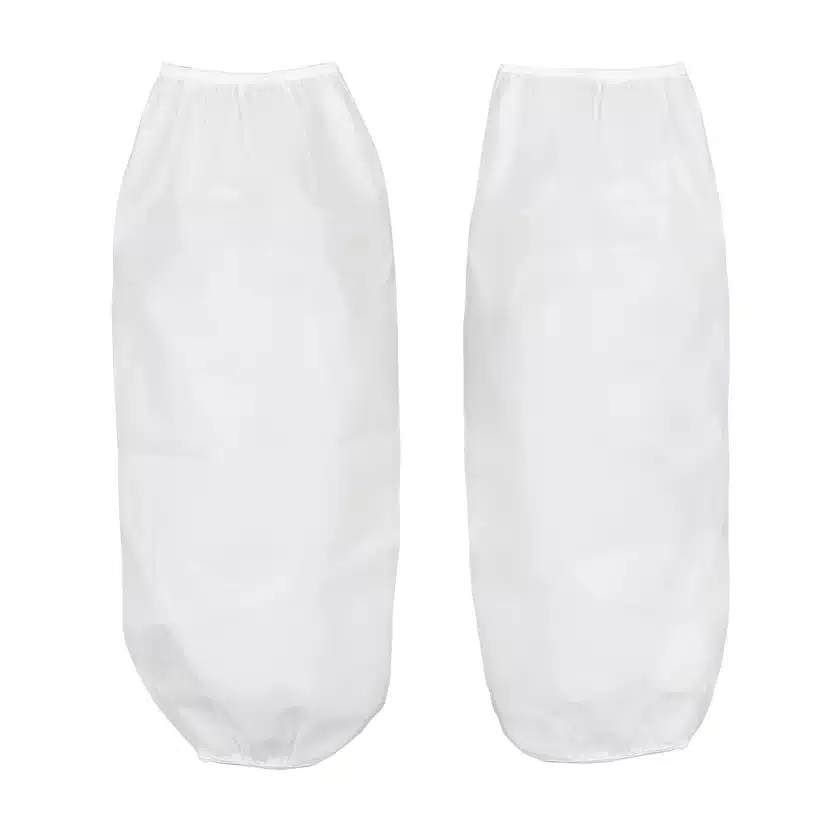 Two white fabric shoe covers with elastic openings, placed side by side.