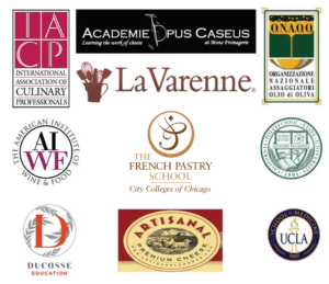 Various culinary and educational institution logos, including IACP, LaVarenne, The French Pastry School, and UCLA School of Medicine.