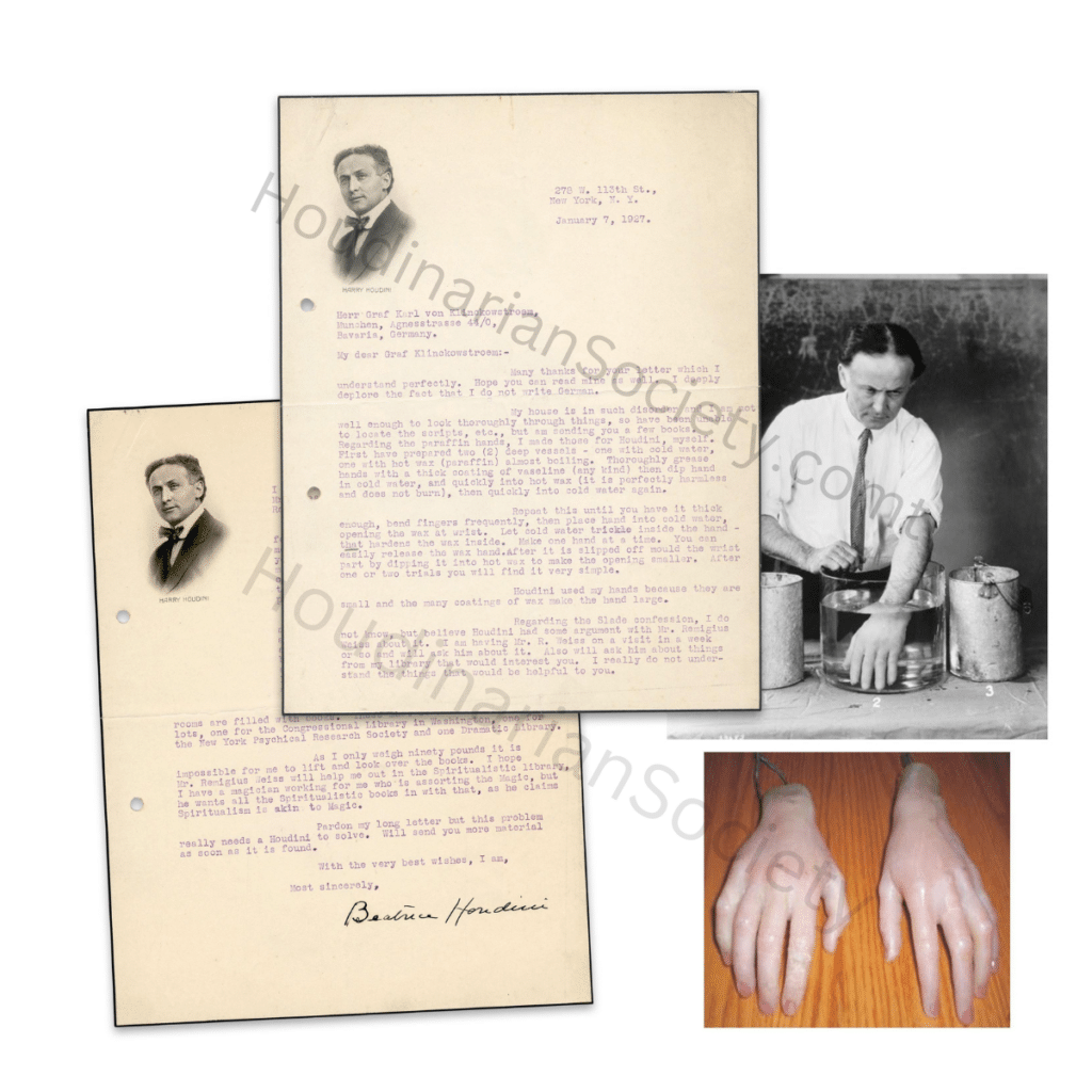 A collage with images of a typed letter from Harry Houdini featuring his photo and a photo of realistic fake hands on a table.