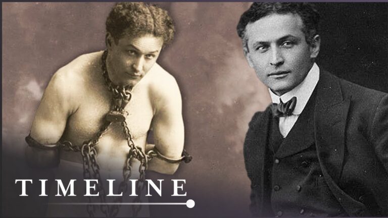 Two black-and-white photos show a man in chains on the left and the same man in a suit on the right. The word "Timeline" appears at the bottom.