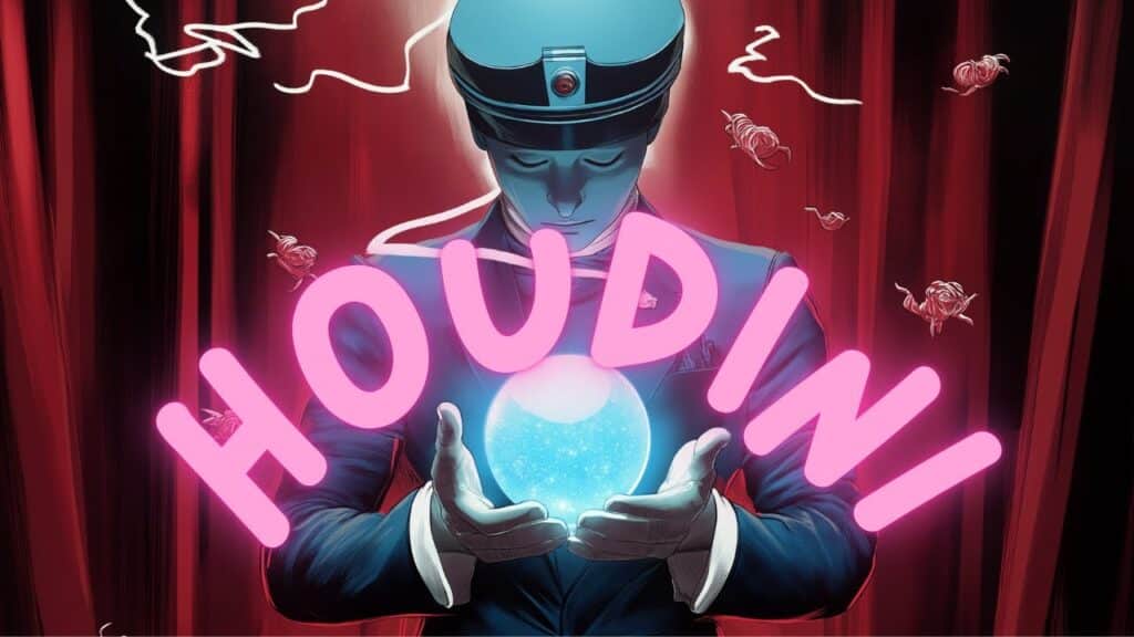 Illustration of a mysterious figure in a suit and hat, holding a glowing orb. The word "HOUDINI" appears in large pink letters. Roses float around the figure, set against a red curtain background.