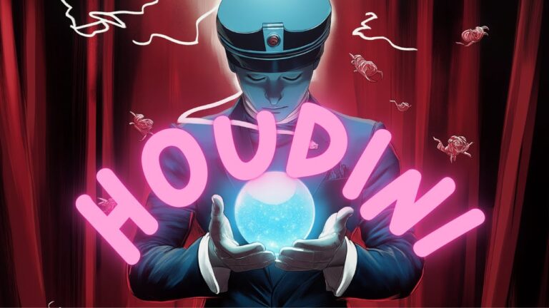 Illustration of a mysterious figure in a suit and hat, holding a glowing orb. The word "HOUDINI" appears in large pink letters. Roses float around the figure, set against a red curtain background.
