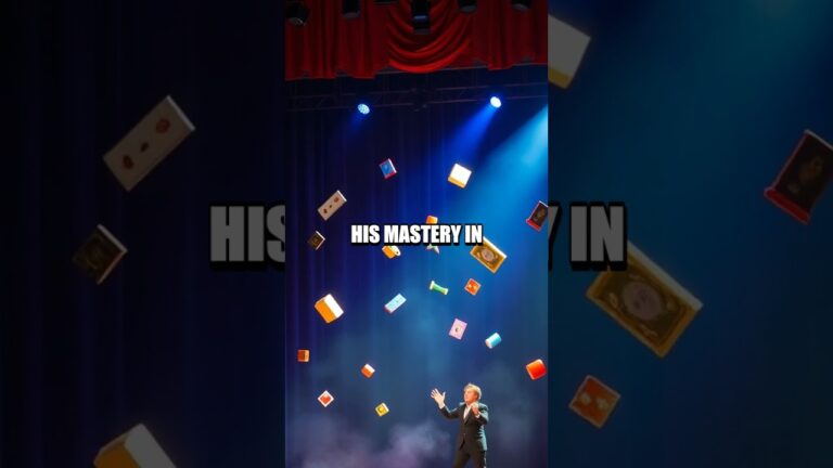 A person in a suit performs juggling on stage with multiple items in the air, under colorful lights and a red curtain backdrop.