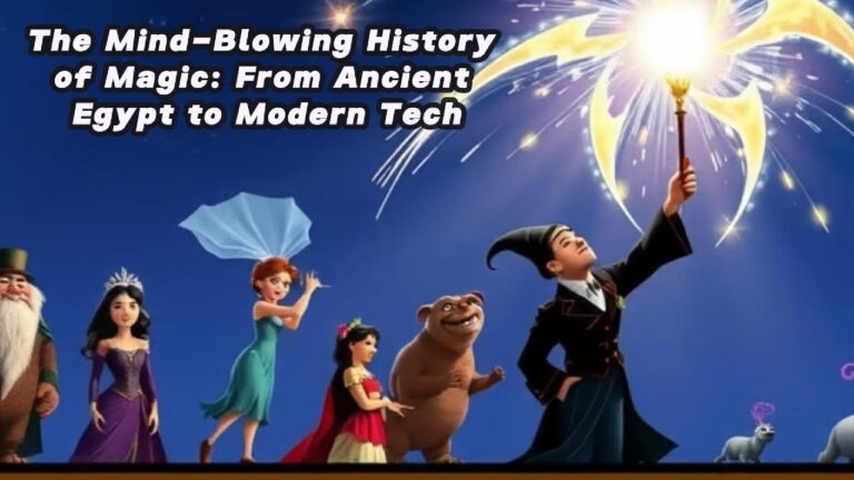 Animated characters, including a wizard and others with whimsical attire, look towards a glowing magical staff in the sky. Text reads: "The Mind-Blowing History of Magic: From Ancient Egypt to Modern Tech.