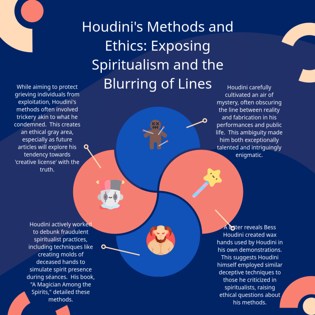 Infographic titled "Houdini's Methods and Ethics," detailing Houdini's use of deception against spiritualists and ethical considerations, with illustrations of hats, locks, and stars.