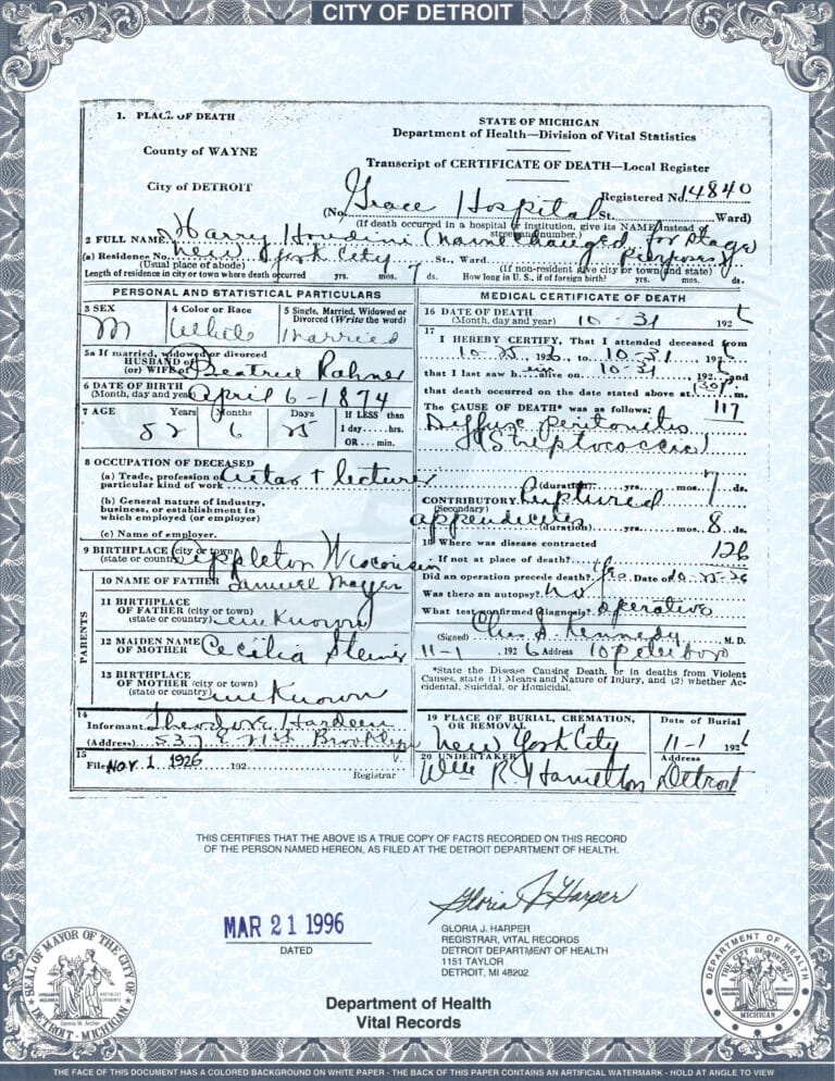 A death certificate from the City of Detroit, Michigan, displaying personal details, cause of death, and official signatures, dated November 21, 1926, with a certification stamp from 1996.