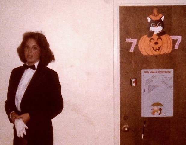 Barb Rosenstock, author of Houdini's Library, pictured beside a decorated doorway