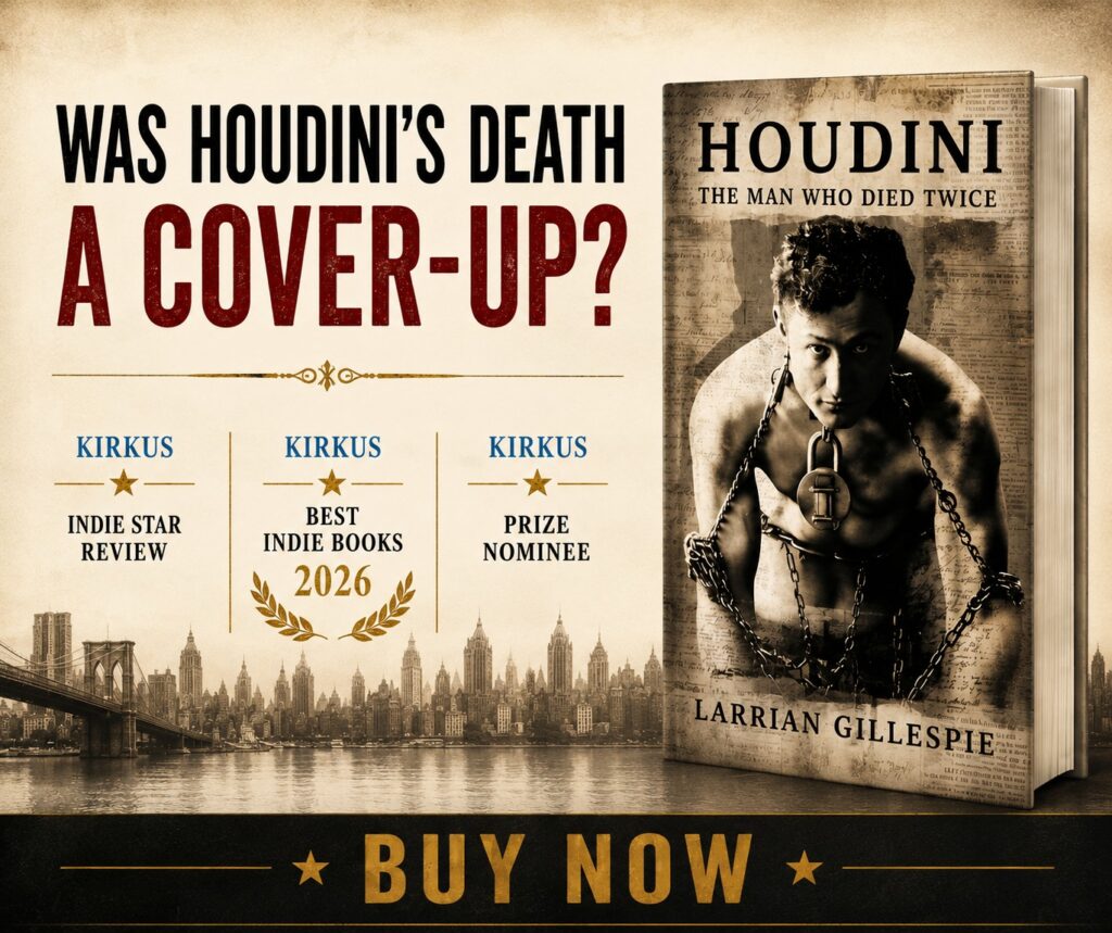 Promotional image for Houdini: The Man Who Died Twice, a Kirkus-starred investigation into Harry Houdini's death