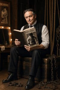 A man in vintage attire sits on a trunk, reading a Houdini biography; handcuffs, chains, and a Houdini poster are visible in the background.