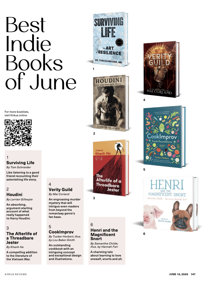 A magazine page lists six indie books of June with cover images, titles, authors, and brief descriptions, ranked from one to six.