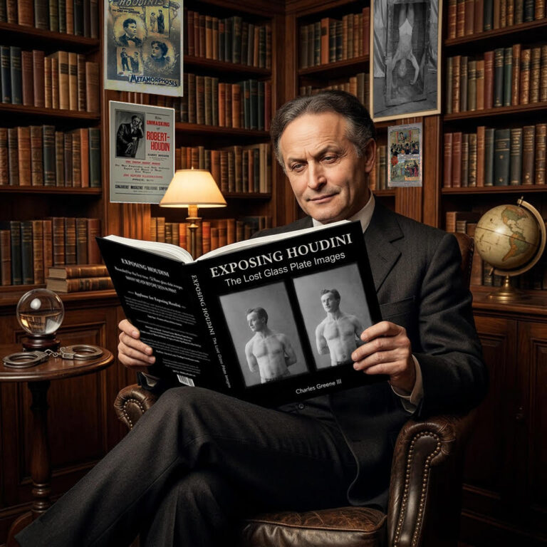 A man sits in a library, reading a book titled "Exposing Houdini: The Lost Glass Plate Images" featuring photos of Houdini; bookshelves and posters fill the background.